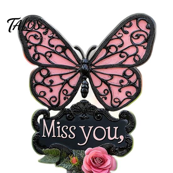 Romantic Garden Decoration Butterfly Memorial Stake, Miss You Sign, Pink Outdoor Sympathy Gift Rose Yard Art Stake for Lawn Courtyard Cemetery