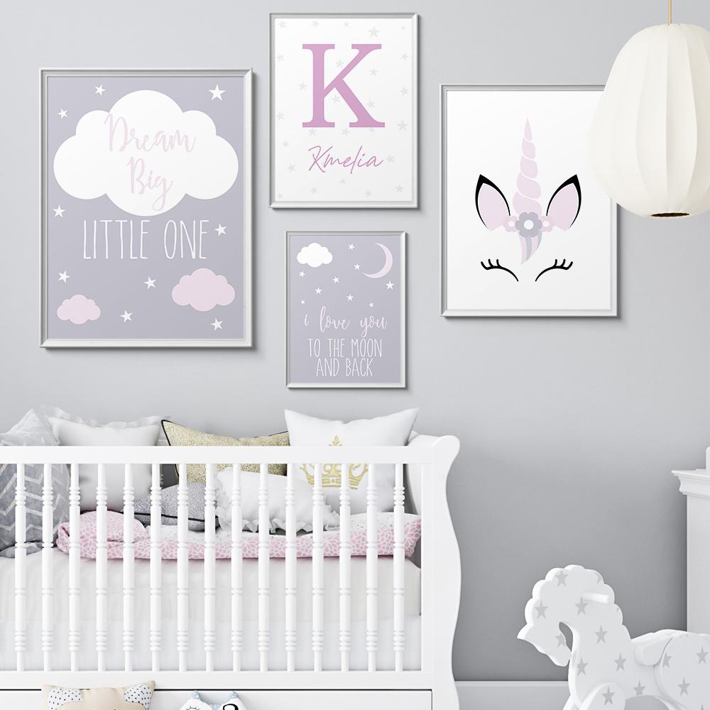 Nordic Custom Personalize Name Cartoon Unicorn Wall Art Canvas Painting Poster Picture For Nursery Kids Girl Room Home Decor