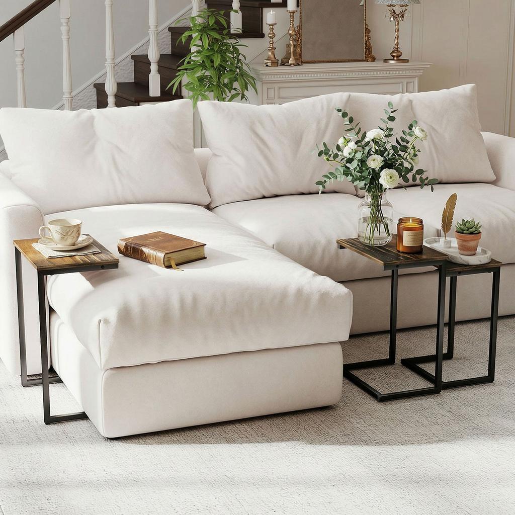 Nesting Side Tables Set of 3, C-Shaped Snack Side Tables with Steel Frame for Sofa Couch and Bed, Rustic Brown