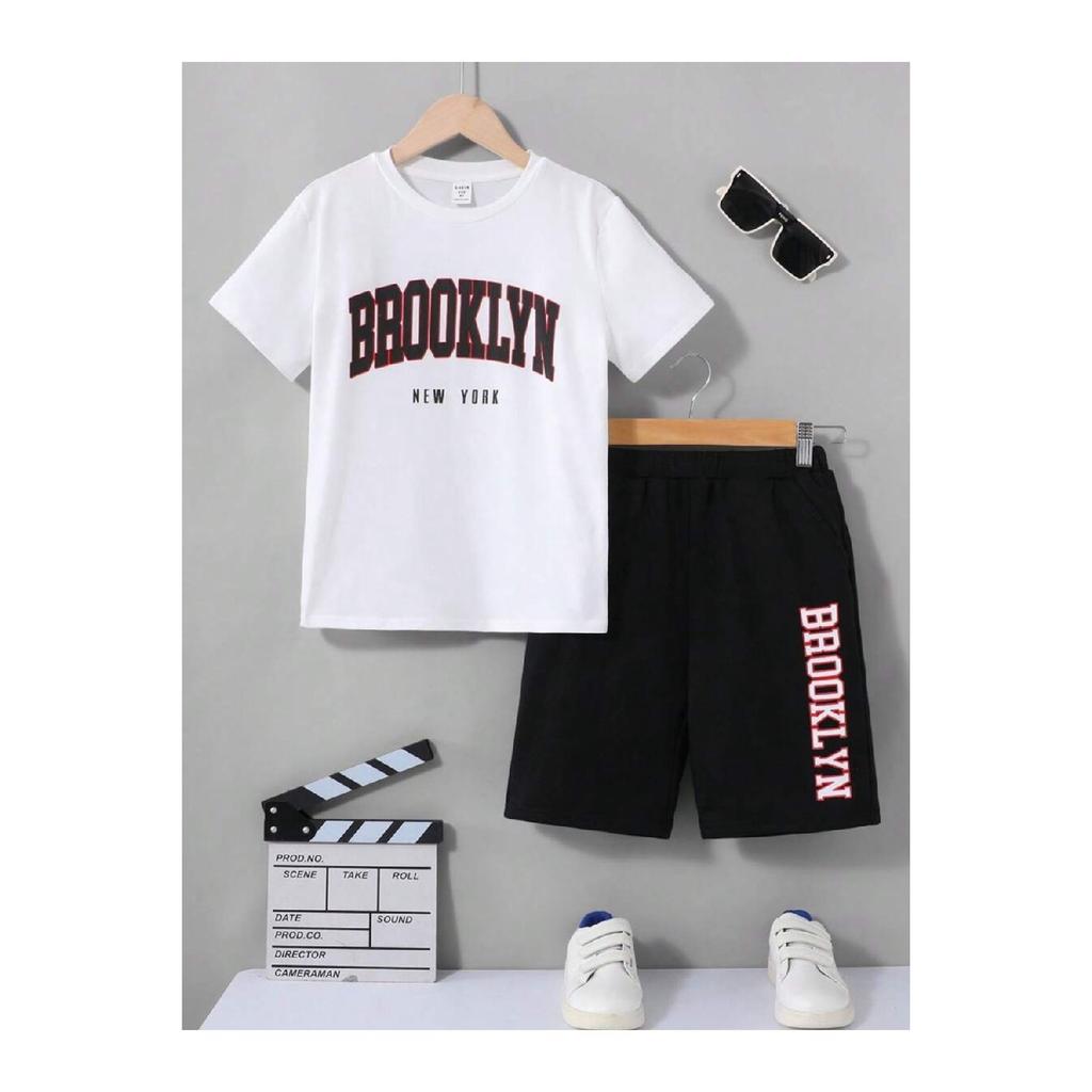 Brooklyn New York White T-shirt Gray Shorts - T-shirt With Shorts Top And Bottom Set Printed Crew Neck
