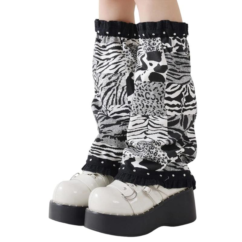Womens Punk Ruffled Trim Flared Leg Covers Harajuku Leopard Print Patchwork Denims Leg Warmers Footless Socks Streetwear 1