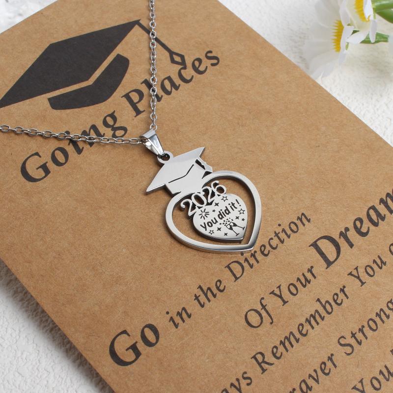 Stainless Steel Matte Golden Mortarboard Featuring Number 2026 Pendant Necklace Women Graduation Memorial Jewelry Gifts