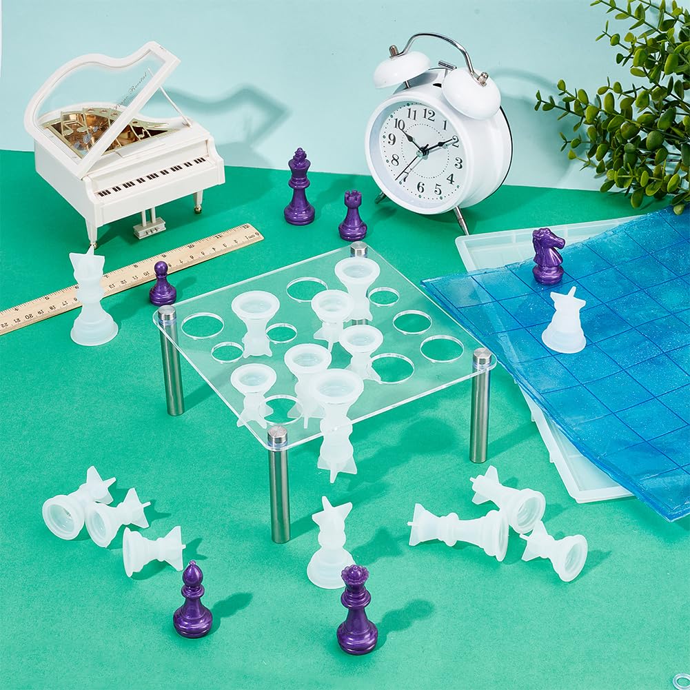 BENECREAT 1 Set International Chess Silicone Mold, DIY Chess Kit with Board and Pieces, Square Piece Stands, Resin Board Mold for Board Games and