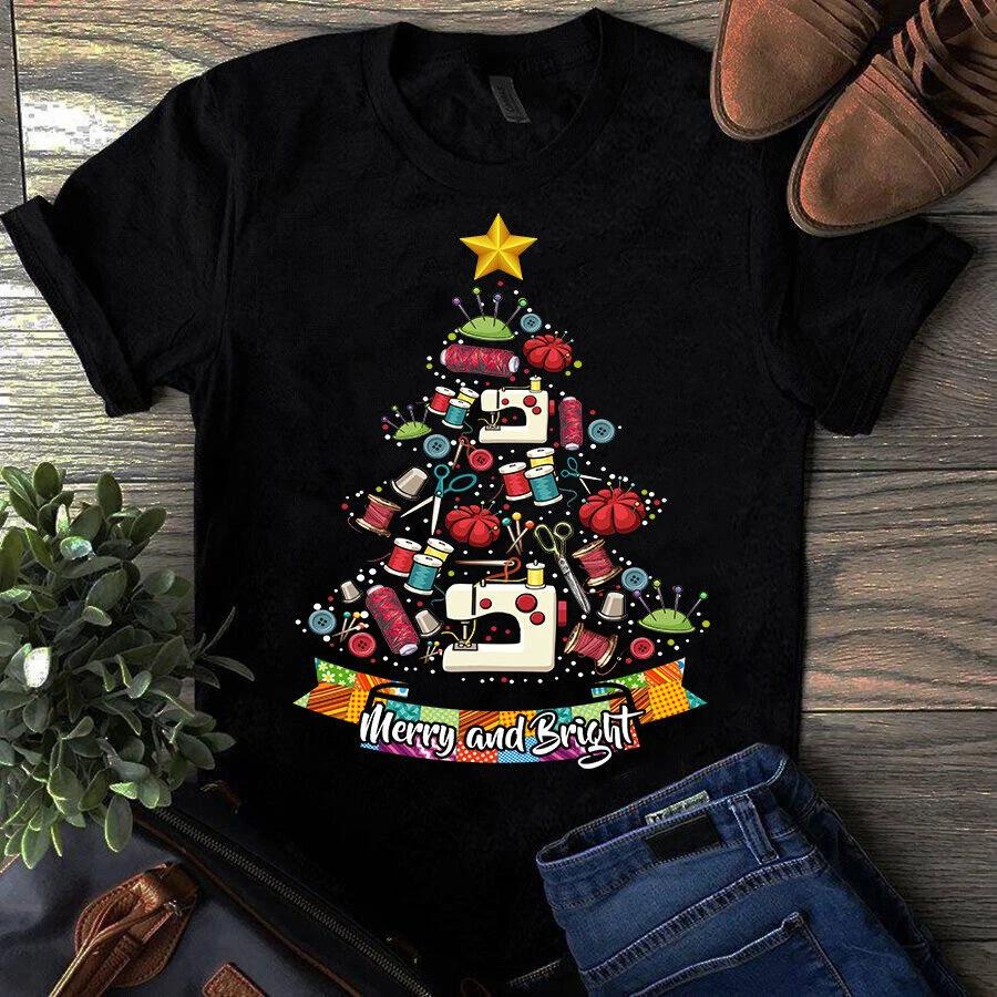 Men s and Women s T-shirts Merry and Bright Quilting Sewing Tool Christmas Tree Gift M