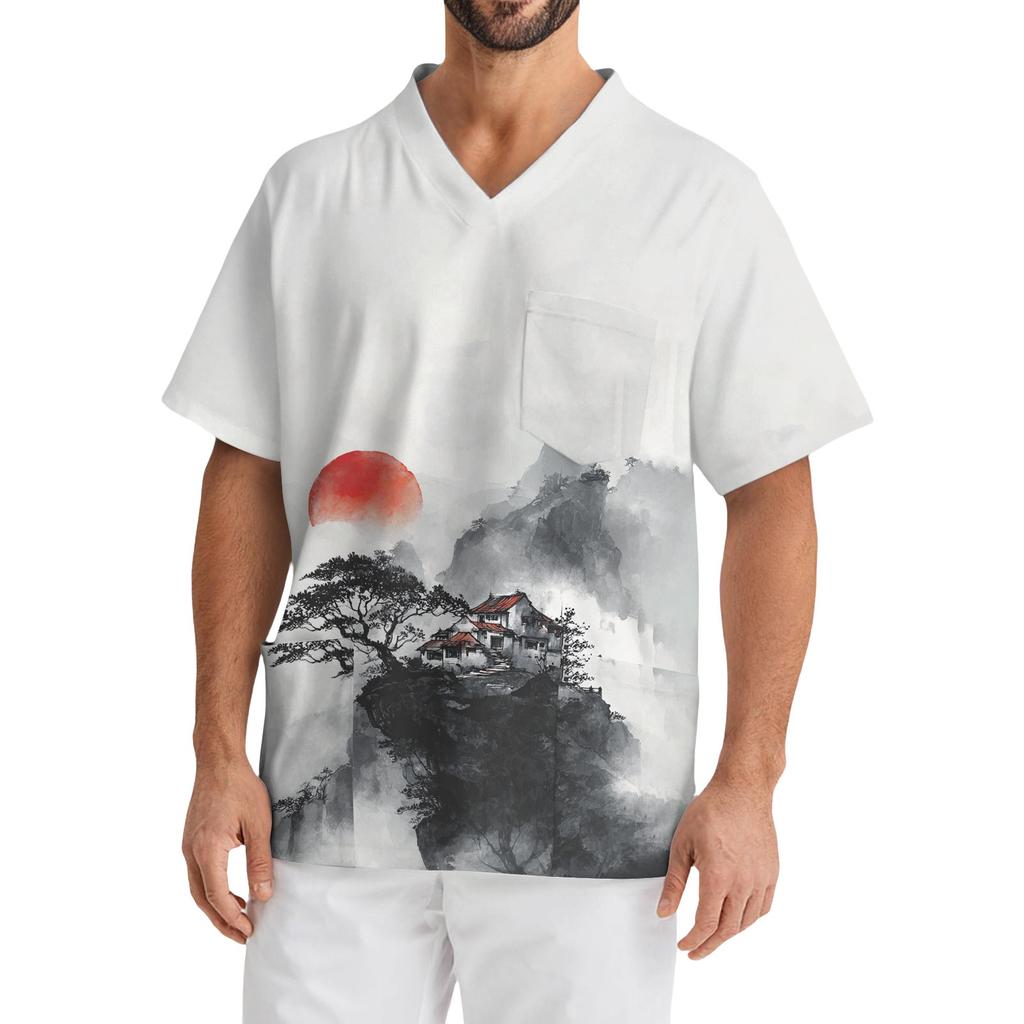 Men's Casual Short-Sleeved V-Neck Printed Front Pocket Top