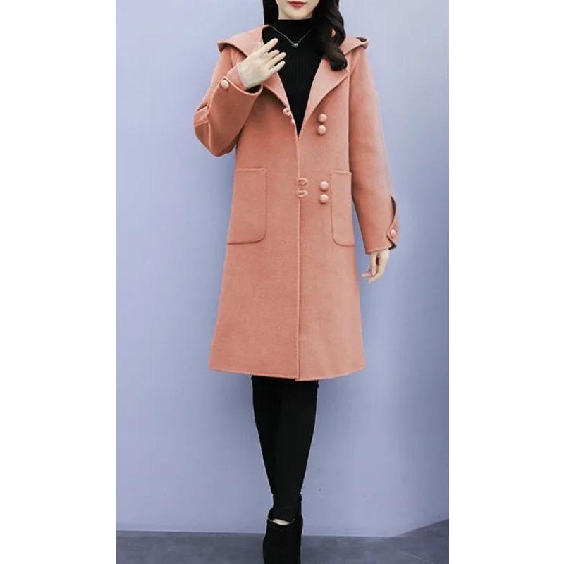 Woolen Coat for Women Updated Autumn and Winter Korean Style Comfortable Fit Mid-length Hooded Classic Style Woolen Coat for Women