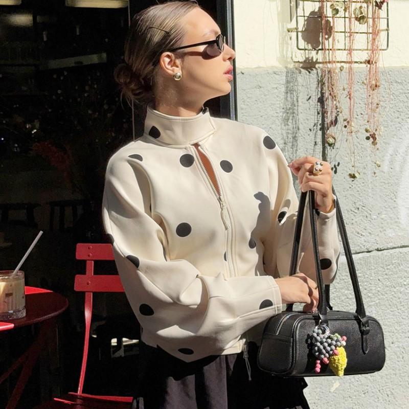 Womens High Neck Polka Dot Zip-Up Blazer Coat Loose Fit Office Chic Winter Outwear