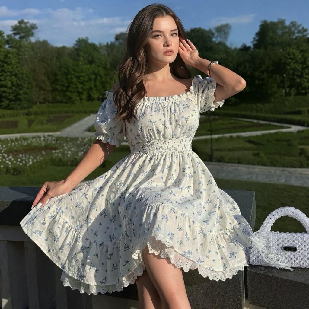 Spring and summer European and American fashion sexy babes bubble sleeves sweet print lace-up dress women's clothing
