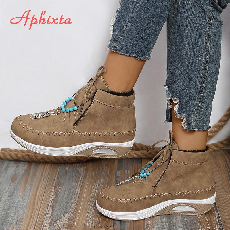 Aphixta Doublure Peluche Chaussures Chaudes d'Hiver Femme Lacets Semelle Épaisse Augmentant la Hauteur Bottines Cheville Ethnique Grande Taille 43