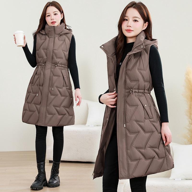Warm down cotton vest women's hooded medium and long cotton jacket vest waist vest cotton vest jacket