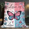 Butterfly & Love Pink & Blue Flannel Blanket - 280GSM Heavyweight All-Season Bedspread with Pink/Purple Butterfly Print, Hearts
