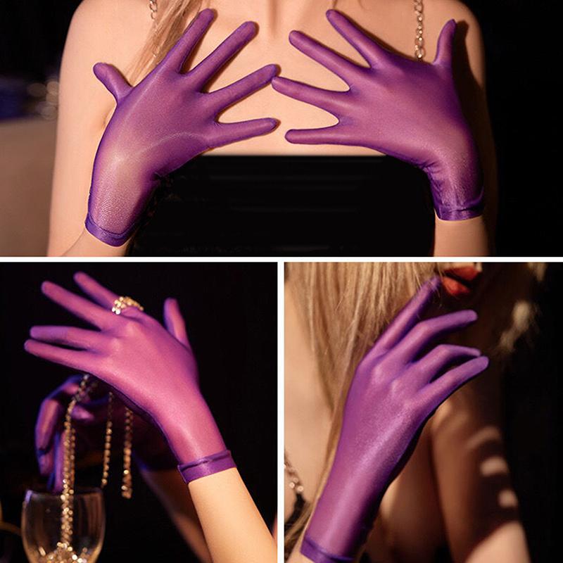 Women Oil Glossy Tight Stocking Gloves Sexy High Elastic Transparent Ultra-Thin Clubwear Short Wrist Gloves