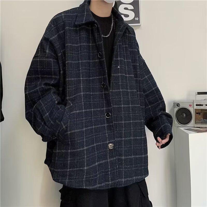 Men's Winter Retro Plaid Wool Jacket - Korean Style Trendy Loose Lapel Shirt Jacket