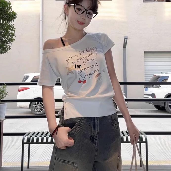 White One-Shoulder Women's Slimming Summer T-Shirt