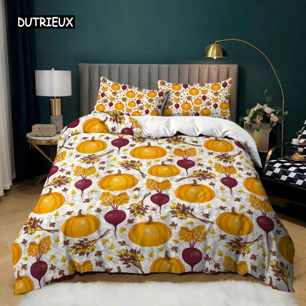 Set Husă Plapumă Dovleac Sărbătoare Recoltare Dovleci Halloween Ziua Recunoștinței Tematic Set Lenjerie de Pat Microfibră Queen Size Husă Pilotă
