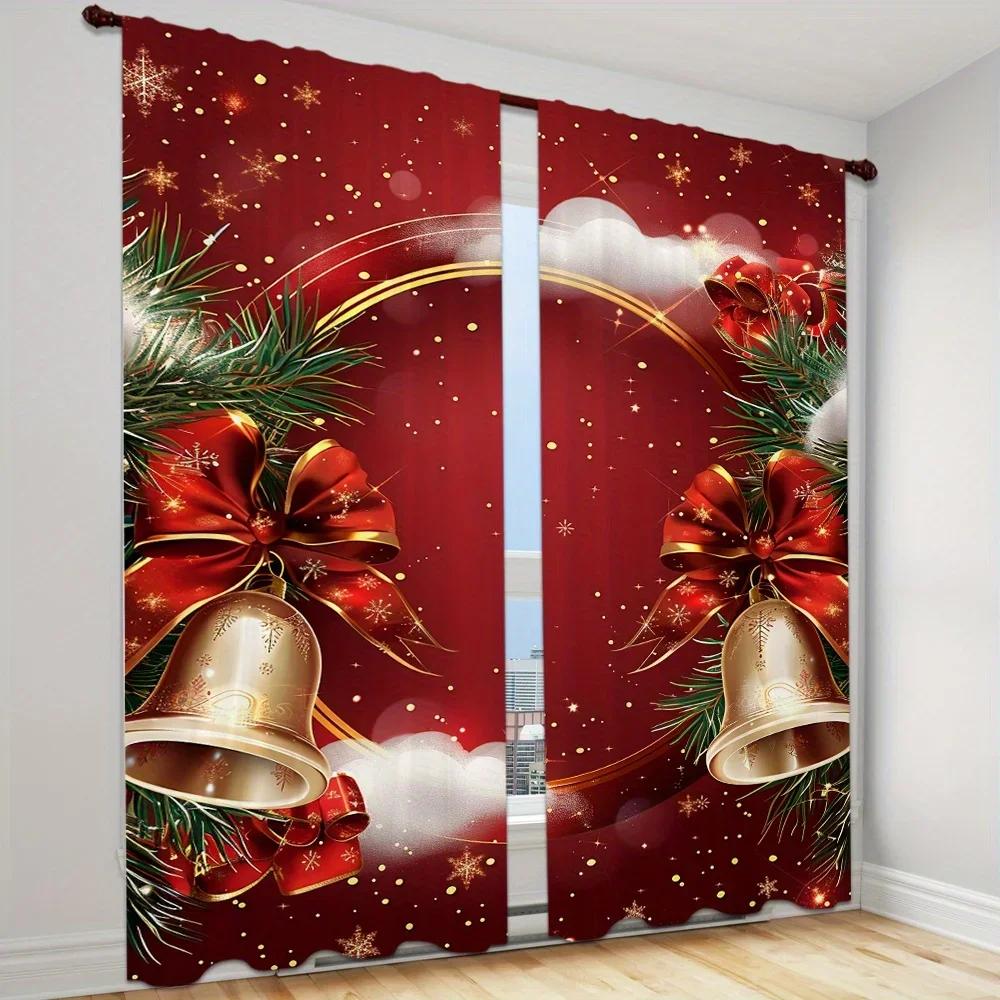 Set Of 2 Christmas Deer Bell Pine Branch Patterns Curtains Mount Digital Printed Polyester Living Room Kitchen Made Area Window Treatment
