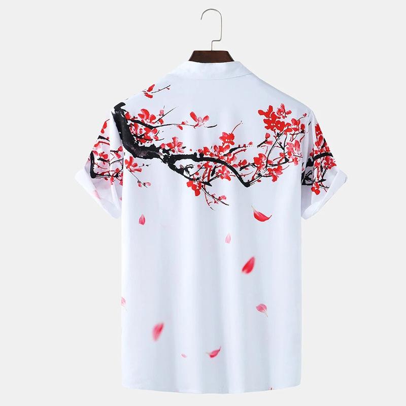 Men's Casual Ink Painting Plum Blossom Shirt Short Sleeved Turn-down Collar Beach Shirt Cardigan