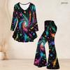 Women Plus Size V Neck Three Quarter Sleeve Colorful Printed Flared Top And Flared Pants Two Piece Set