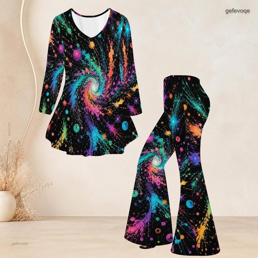 Women Plus Size V Neck Three Quarter Sleeve Colorful Printed Flared Top And Flared Pants Two Piece Set
