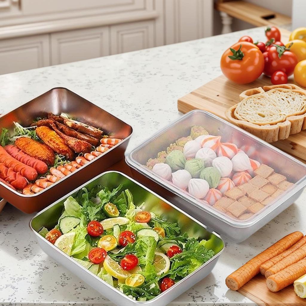 4 PCS Rectangular Storage Box Stainless Steel Crisper Sealed Leak-proof Lunch Bento Box Refrigerator Freezer Storage Container