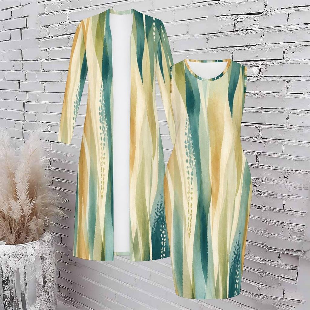 Women Plus Size Two Piece Set Long Sleeve Open Front Cardigan Sleeveless Printed Bodycon Dress Dark Blue