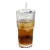 High Value Simple Juice Coffee Cup Vertical Stripe Glass Water Cup Large Capacity Stacked Cup With Lid Straw