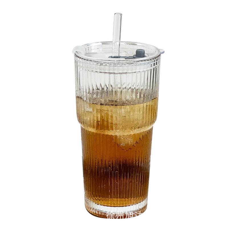 High Value Simple Juice Coffee Cup Vertical Stripe Glass Water Cup Large Capacity Stacked Cup With Lid Straw
