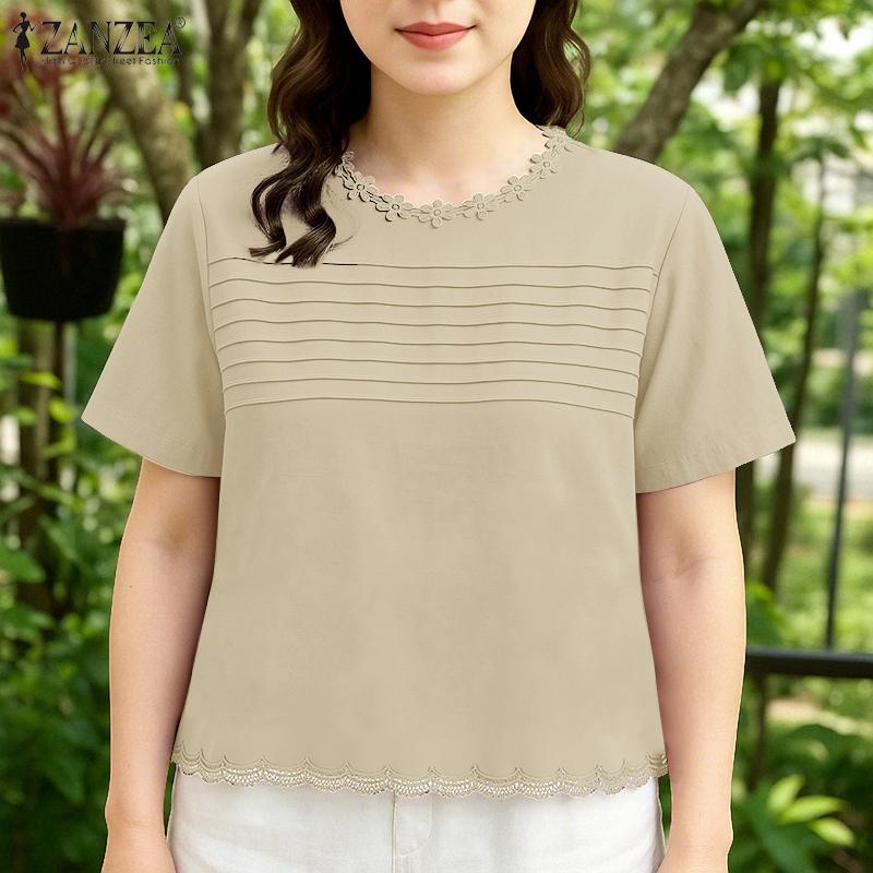 ZANZEA Women Casual Lace Splice Round Neck Summer Short Sleeve Blouse