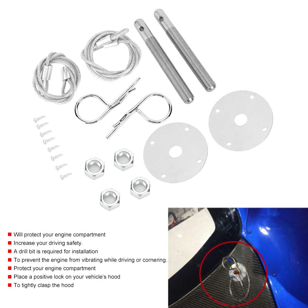 Bonnet Pin Plate Lock, Stainless Steel Engine Hood Pin Plate Bonnet Lock Clip Kit