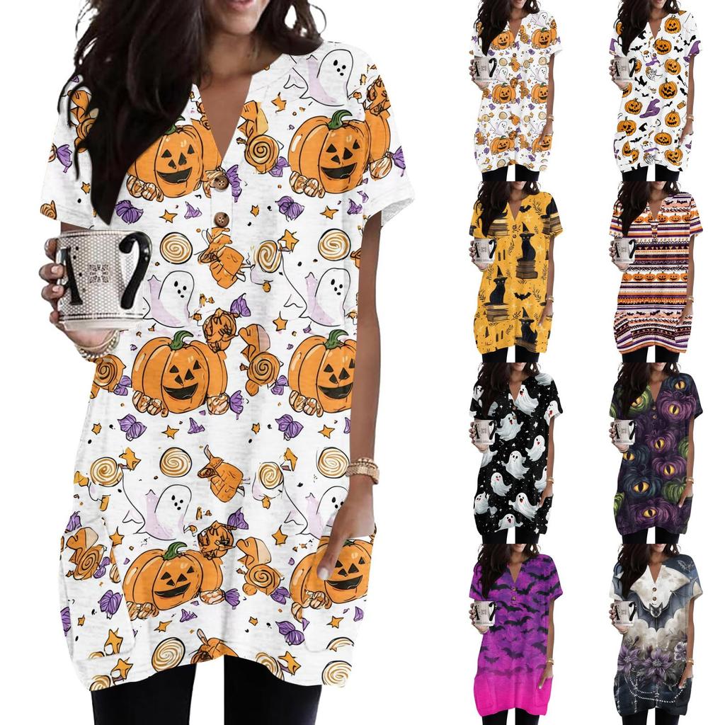 Women V Neck Halloween Print Short Sleeve Pullover Dress with Pocket Casual Loose Fit Tunic Dress for Daily Wear