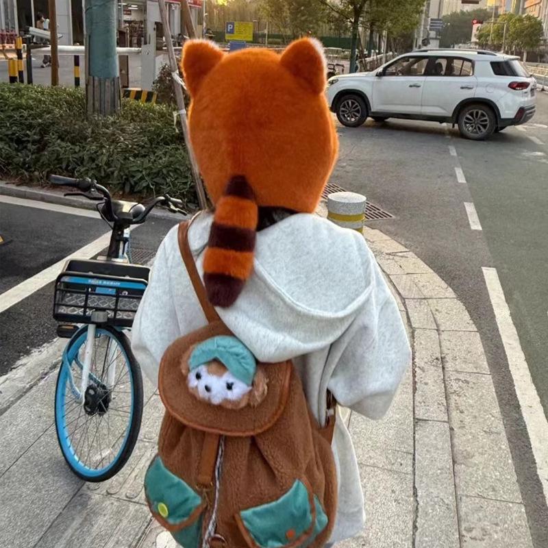 Little raccoon ear protectors pinch ears move cute little panda plush hat female winter thermal pullover hat