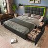 Bed Frame with LED Lighting Bar and 4 Drawers, Double Bed Upholstered Bed 140x200cm, Height-Adjustable Headboard, Functional Bed, Faux Leather Black