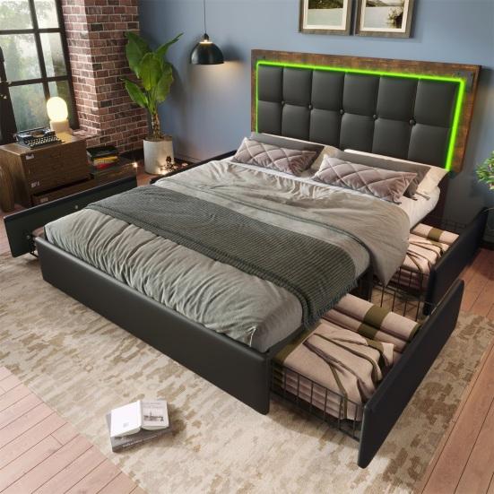 Bed Frame with LED Lighting Bar and 4 Drawers, Double Bed Upholstered Bed 140x200cm, Height-Adjustable Headboard, Functional Bed, Faux Leather Black