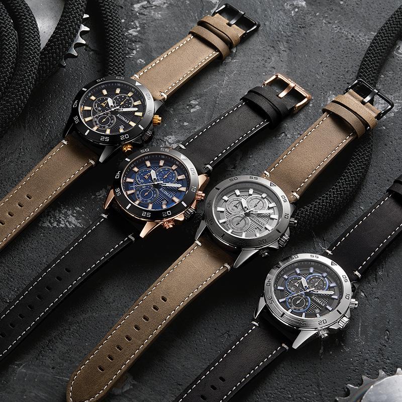 Uhr Herrenuhr Chronograph Kalender Leuchtend Wasserdicht Leder Herrenuhr 572G