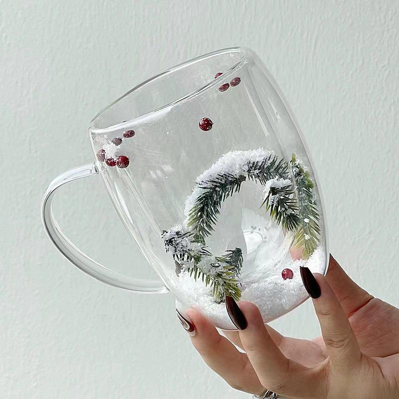 Borosilicate Double-Wall Glass Mug Christmas Snow Scene Pine Tree Design Heat-Resistant 350ml Coffee Cup with Handle