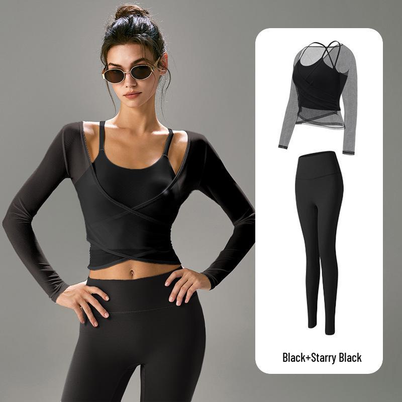 Women's Professional Yoga Set: Long Sleeve, Waist-Cinching, Slimming Two-Piece for Pilates with Chest Pads.