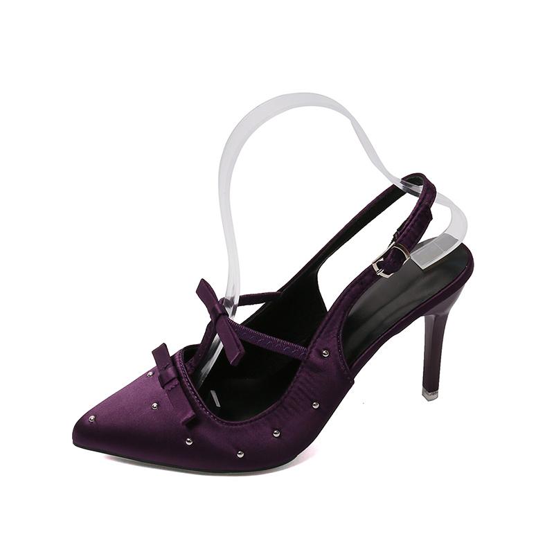 Mode Bao Kopf Stiletto Sandalen Sommer Neuer Stil Spitzkopf Flacher Ausschnitt Schmetterlingsknoten Nieten Set Fuß Rutschfest Hohe Absätze