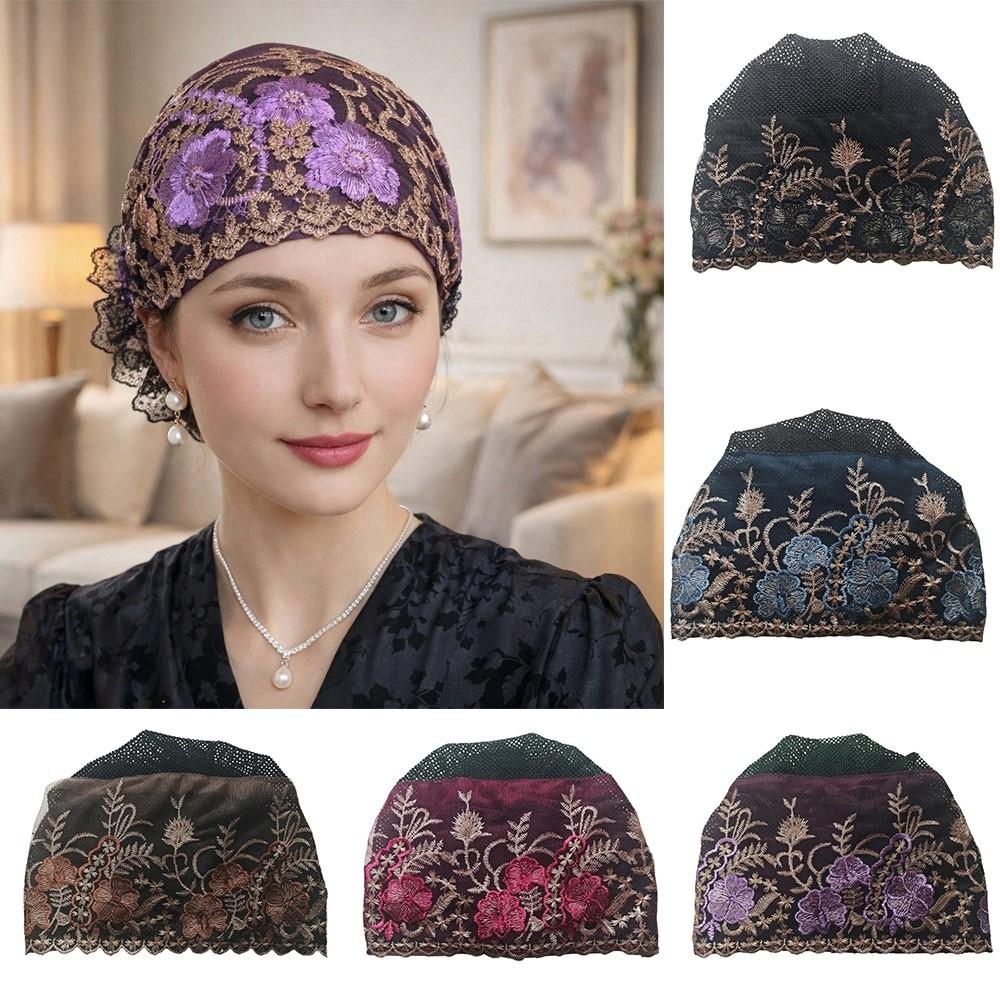 New Flower Embroidery Bonnet Hat Breathable Cover White Hair Headband Cap Elastic Full Coverage Head Wrap Cap Women Headwear