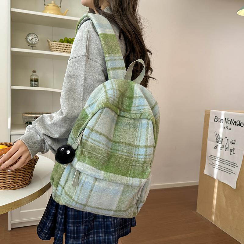 Vlněný kostkovaný studentský školní batoh s velkou kapacitou dámský batoh