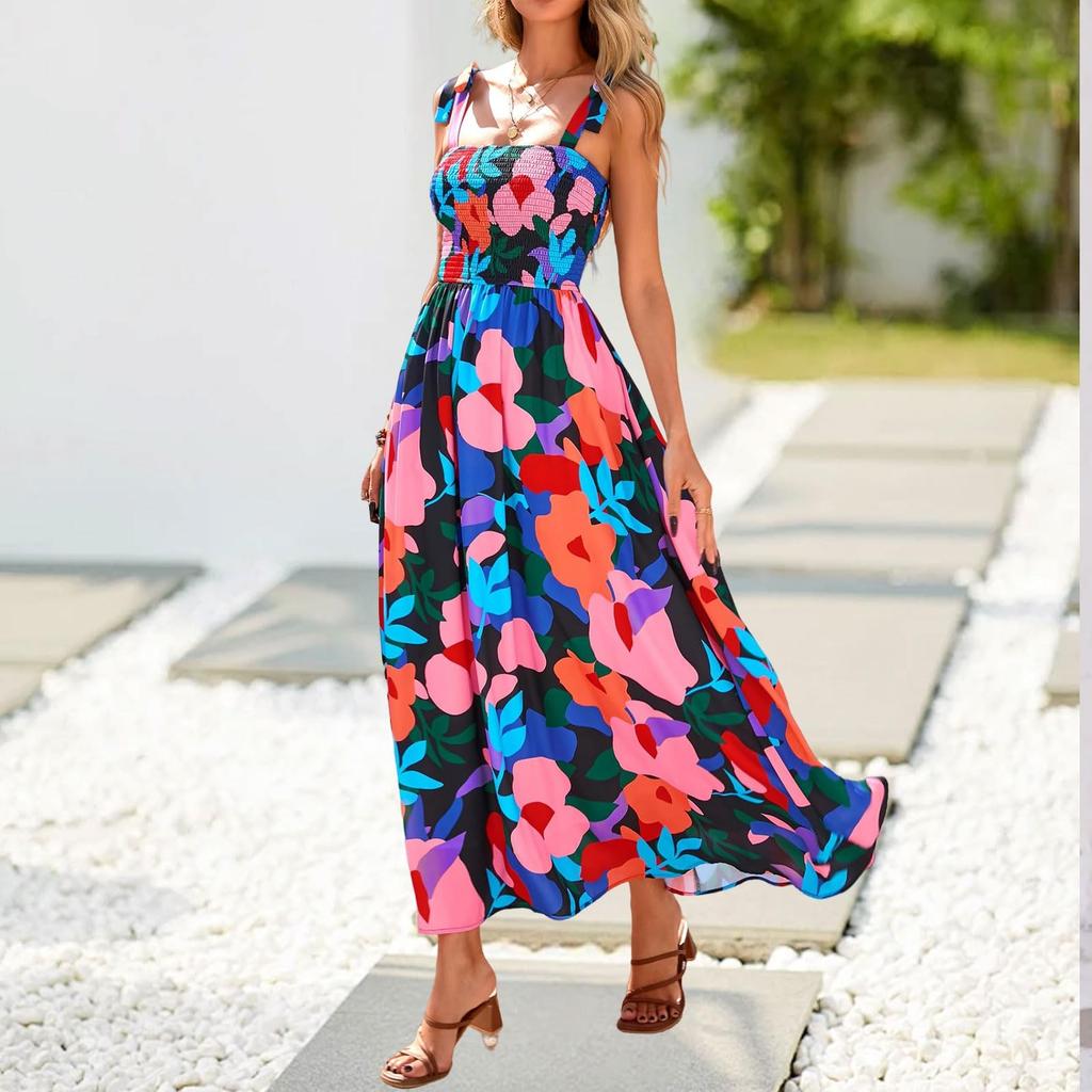 Women's Tie-strap Multi-color Printed Holiday Dress Summer