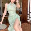 Neuer chinesischer Stil Cooles Grün und Verbesserter Cheongsam Sexy Sommer Neues Damen Neckholder-Kleid für Frauen
