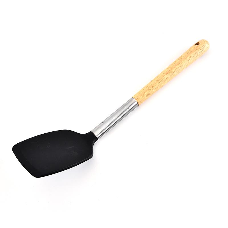 Durable Wooden Handle Silicone Kitchenware 7-Piece Set: Non-Stick Spatula & Spoon