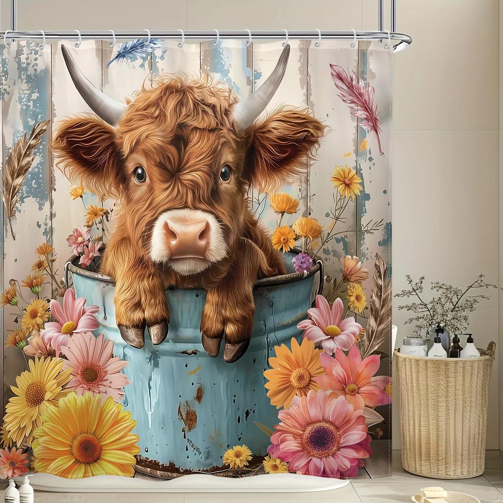 Funny Highland Cow Shower Curtain, Cute Calf with Sunflower, Graffiti Wood Board Art, Fabric Bath Decor,12 Plastic Hooks
