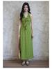 Er Yang Design French Floral Green Halter Neck Maxi Dress, V-neck Sleeveless Long Dress for Women