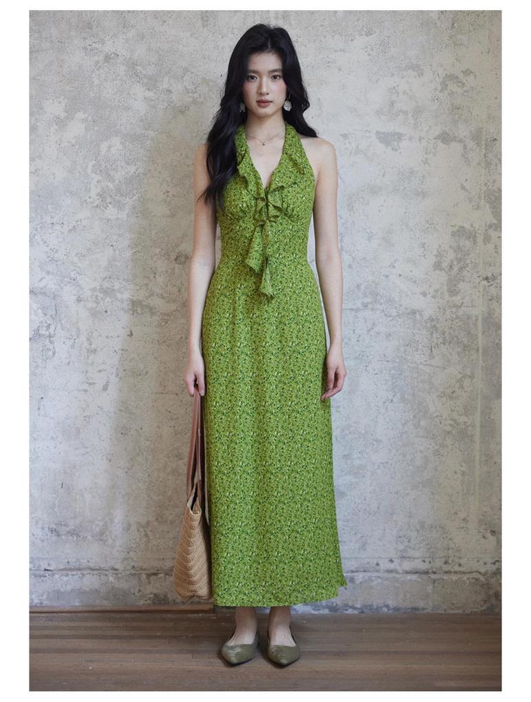 Er Yang Design French Floral Green Halter Neck Maxi Dress, V-neck Sleeveless Long Dress for Women