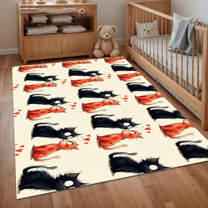 

Playful Area Rug with Black and Cat Illustrations and Heart Accents for A Charming Nursery Living Room and Bedroom Home Decor 40X60cm