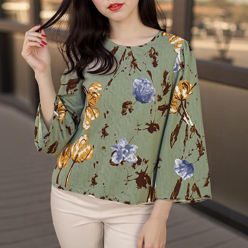 

ZANZEA Женская повседневная летняя блузка с круглым вырезом и рукавом 3/4 с принтом 5XL серый