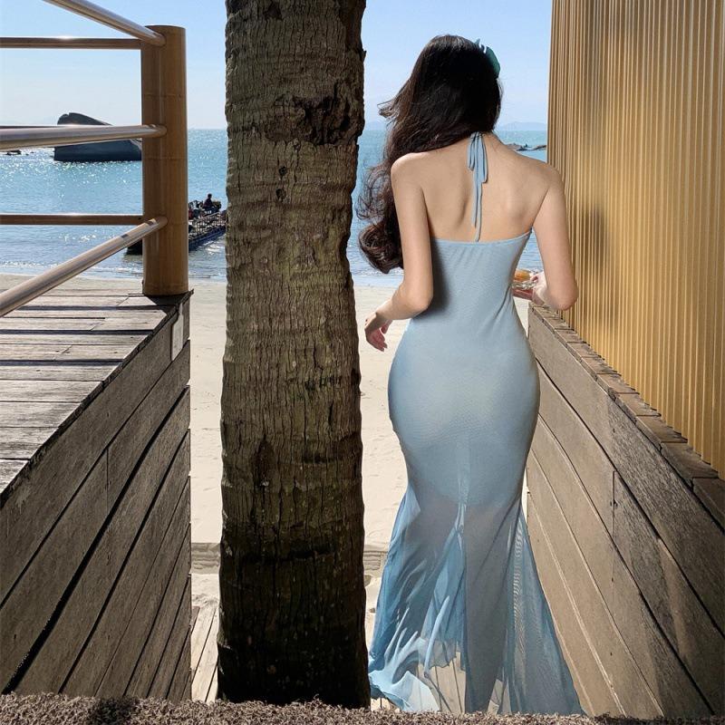 Spice Girl Pure Desire Three-dimensional Flower Blue Neck Dress Seaside Vacation Sexy Mesh Fishtail Dress