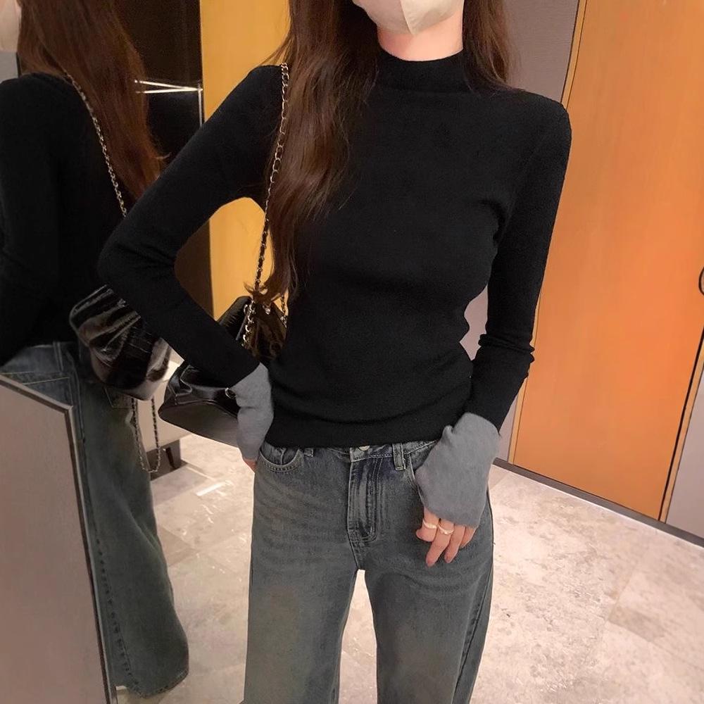 Korean Color Block Slim Fit Women's Knitwear - Autumn/Winter Long Sleeve Semi-High Neck Sweater