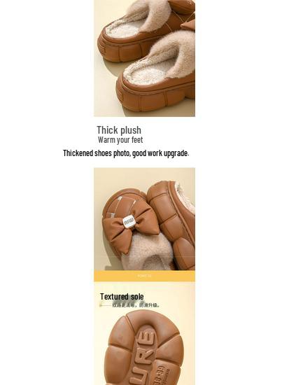 Women's Thick-Soled Waterproof Cotton Slippers - Men's Fashion, Warm Bow Style, Non-Slip for Outdoor Winter Wear.